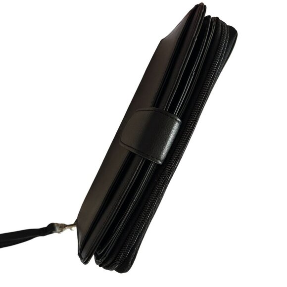 Black Faux Leather Wallet Women Wristlet Strap Multiple Card Slots Zipper Snap - Picture 12 of 15